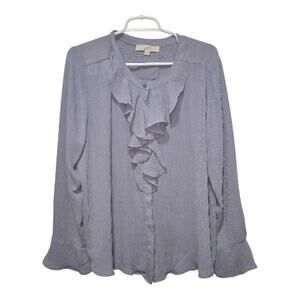 LOFT Gray Ruffle Front Button Blouse Long Sleeve Size XL